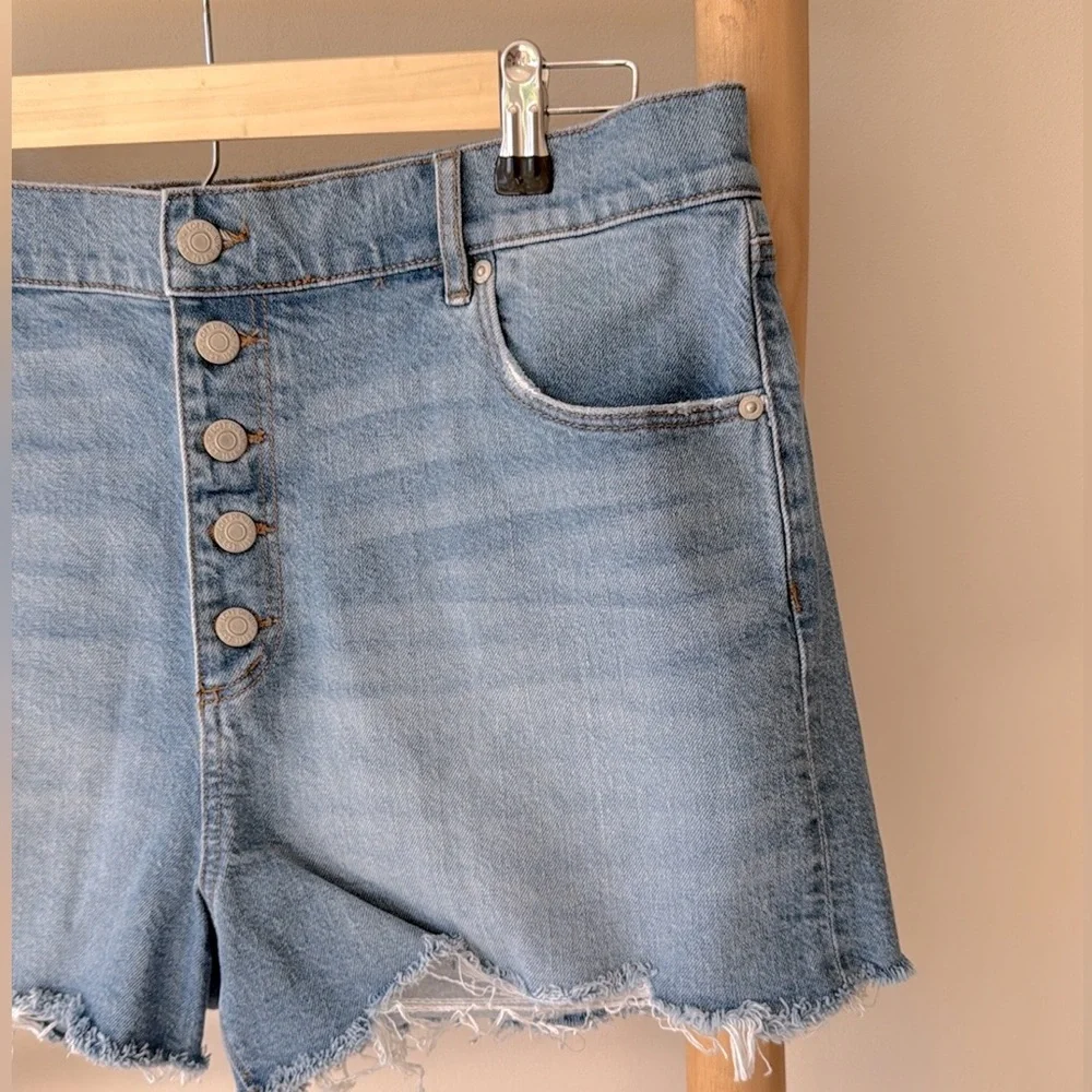 LOFT Button Front High Rise Destructed Cut Off Blue Denim Jean Shorts 32/14